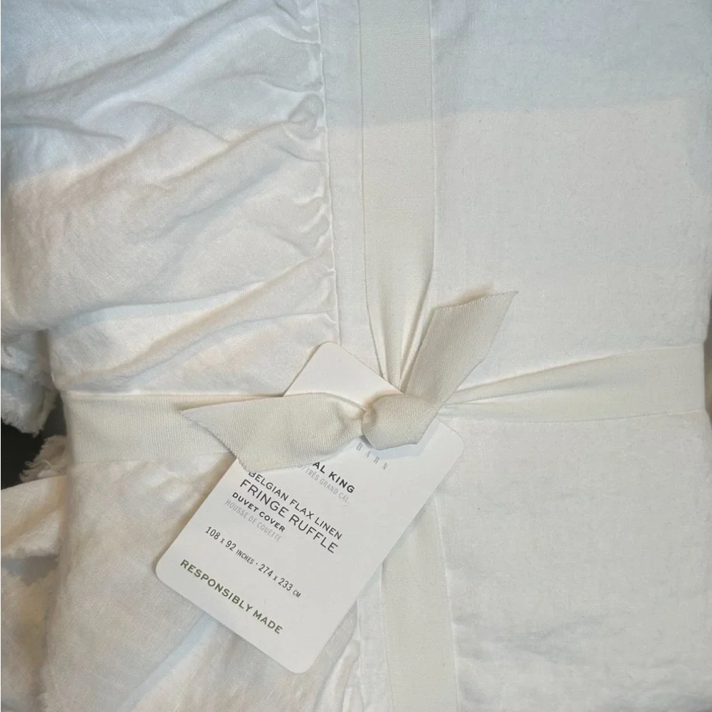 Pottery Barn BELGIAN FLAX LINEN FRINGE RUFFLE Duvet King 2 King Shams White NWOT